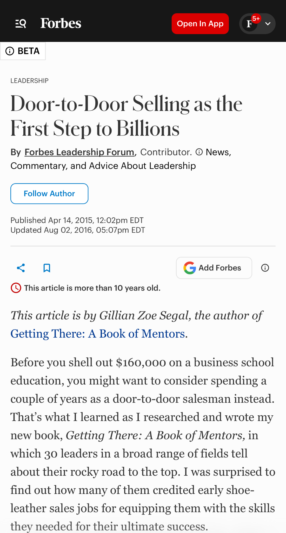 Screenshot of Forbes article Door-to-Door Selling as the First Step to Billions, with its headline and opening paragraph