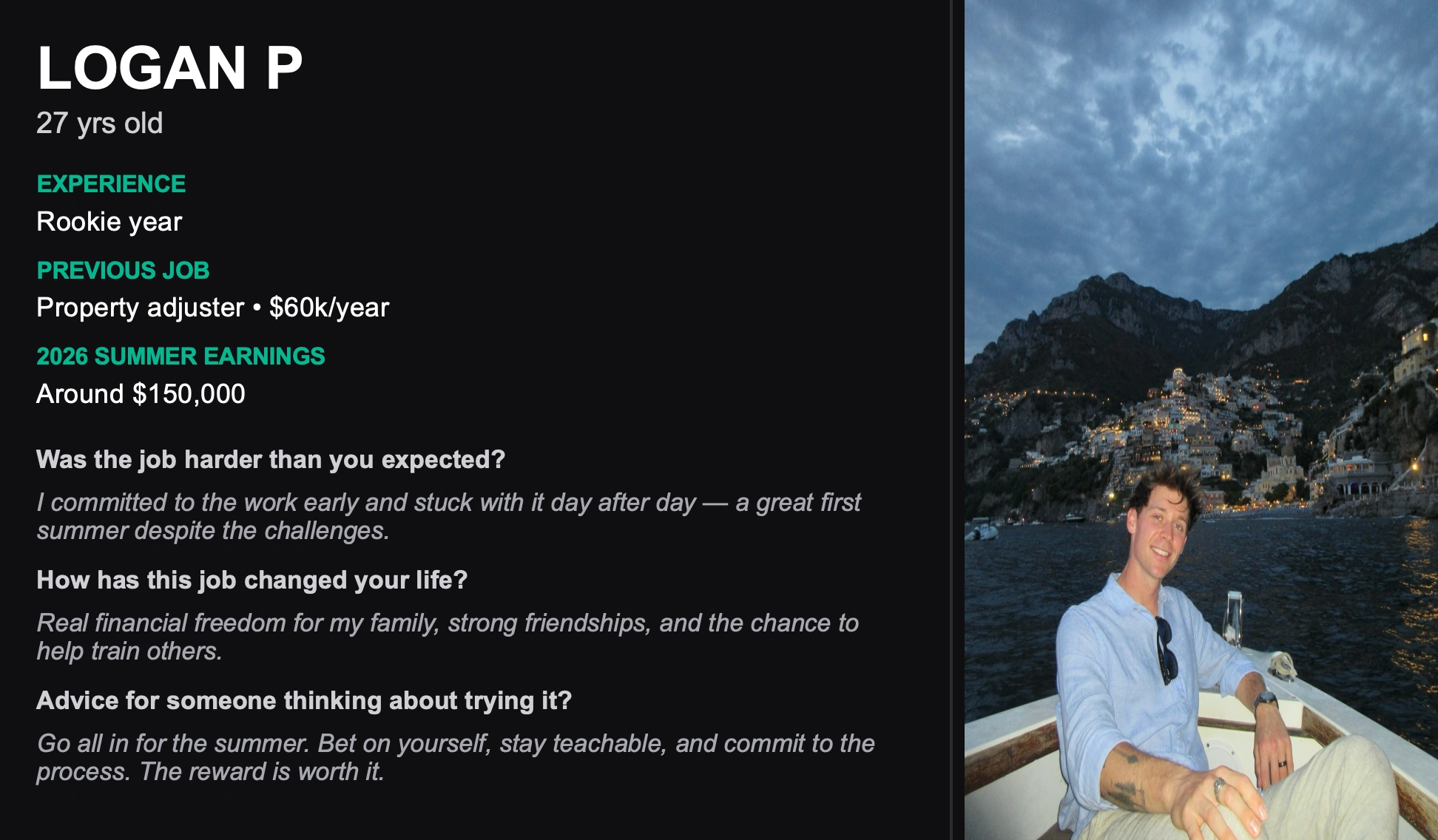 Logan P: 2026 summer sales experience and earnings testimonial